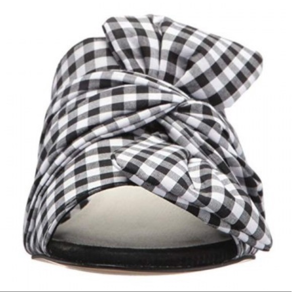 Gingham Bow Peep Toe Kitten Heel Mule Slides - Picture 4 of 4